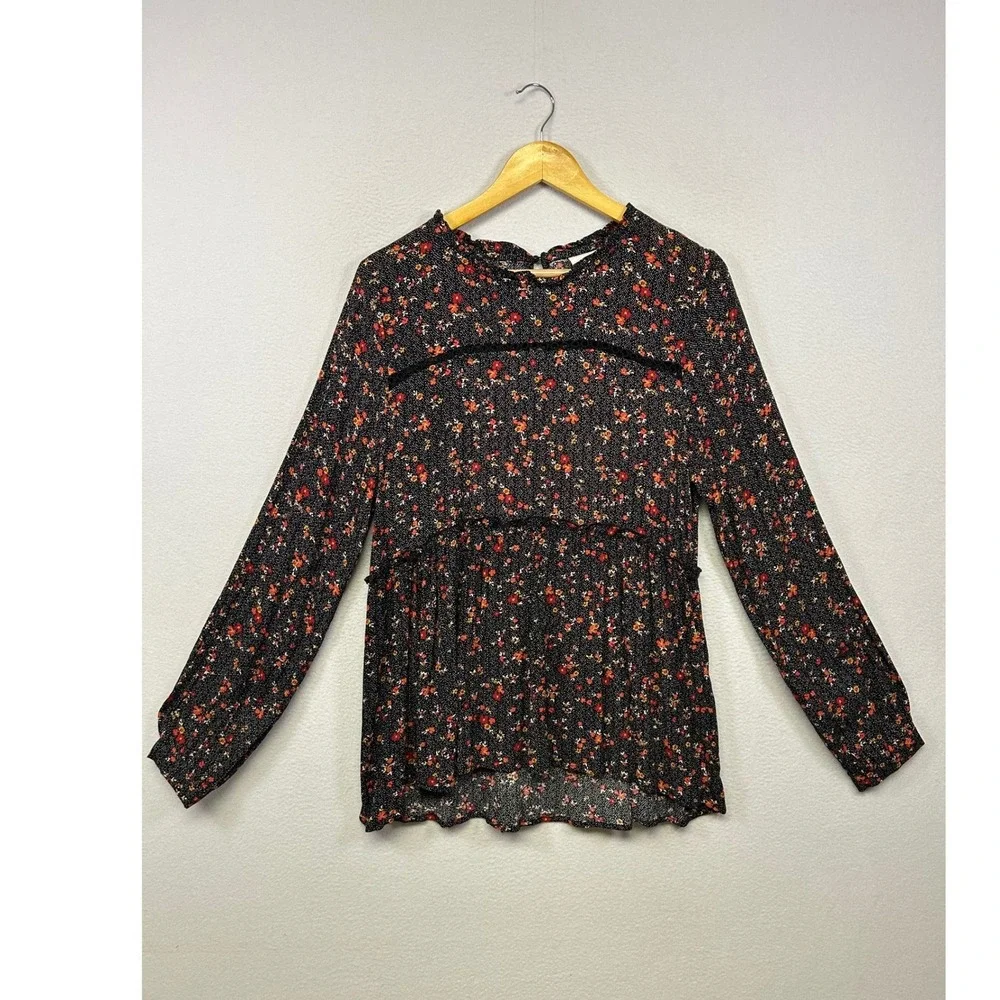 Knox Rose Boho Cottagecore Womens Small Black Floral Peplum Ruffle Blouse